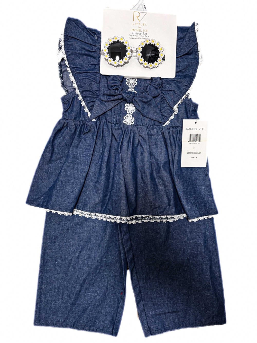 NEW - Rachel Zoe Littles 4-Piece Denim Lace Ser w Headwrap & Daisy Sunnies 3T